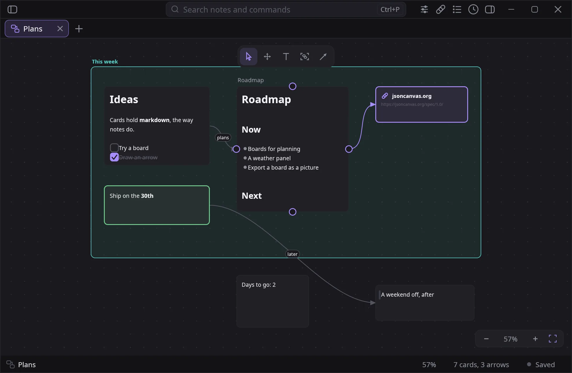 A board in notesy: cards, a note on a card, a link and arrows, inside a group