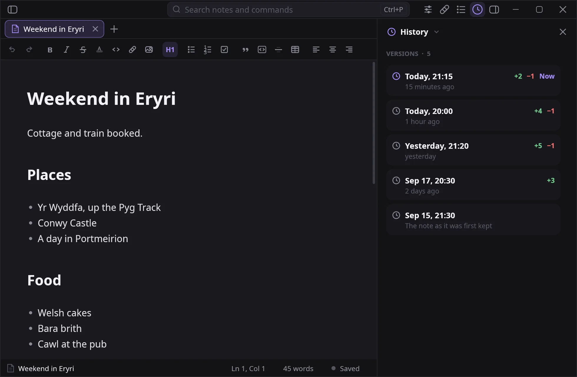 A note's history in notesy, its earlier versions listed by time