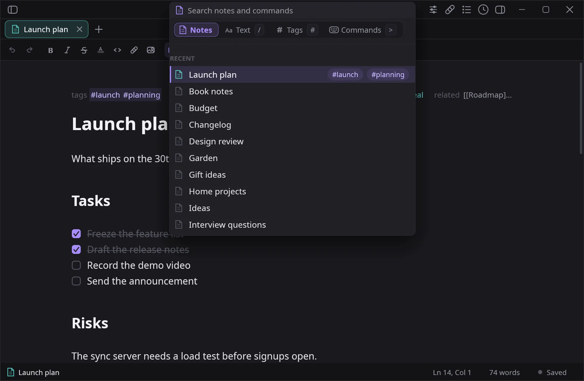 notesy's switcher open over a note, listing notes and commands
