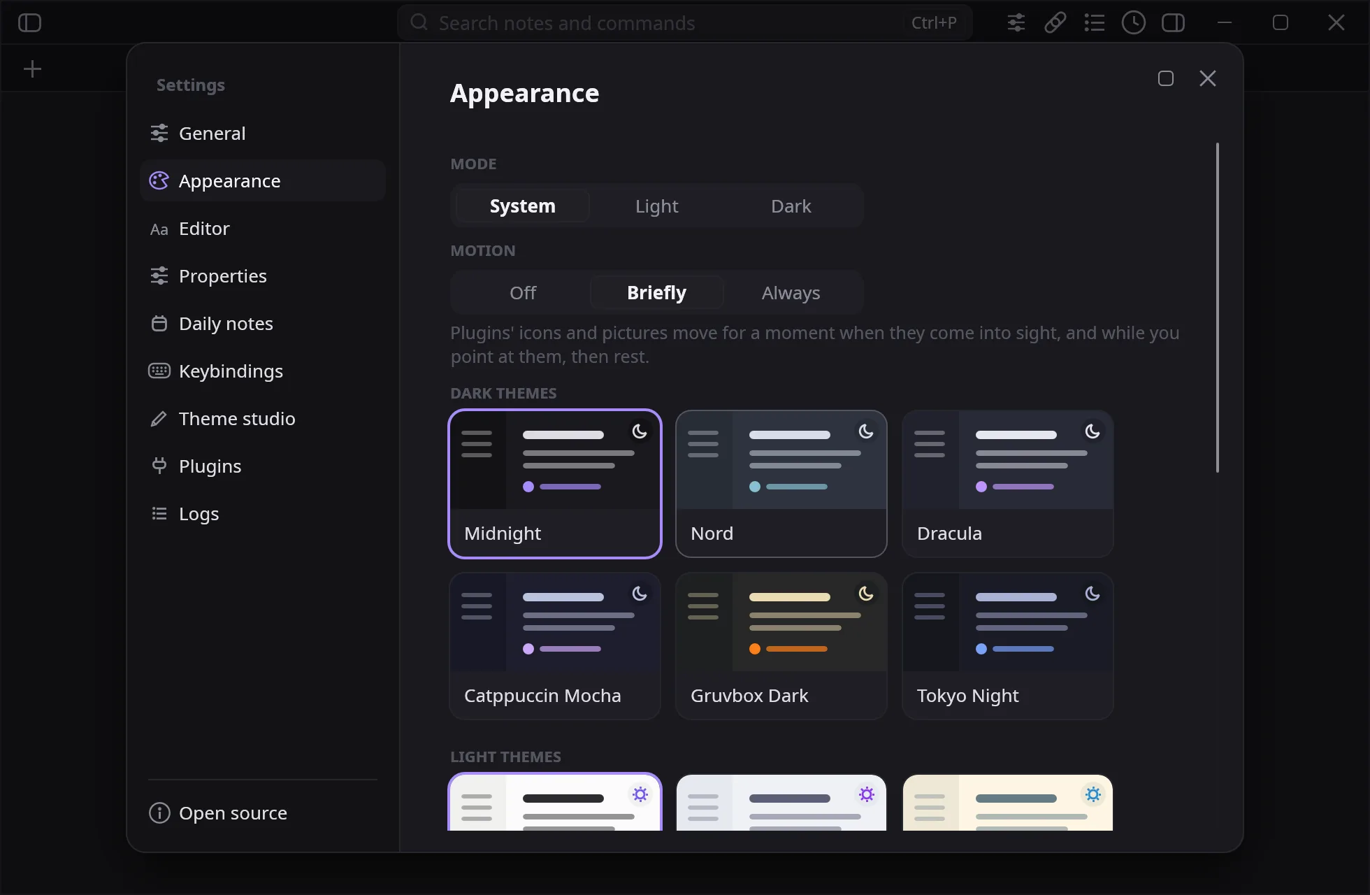 notesy's theme settings with its themes shown side by side